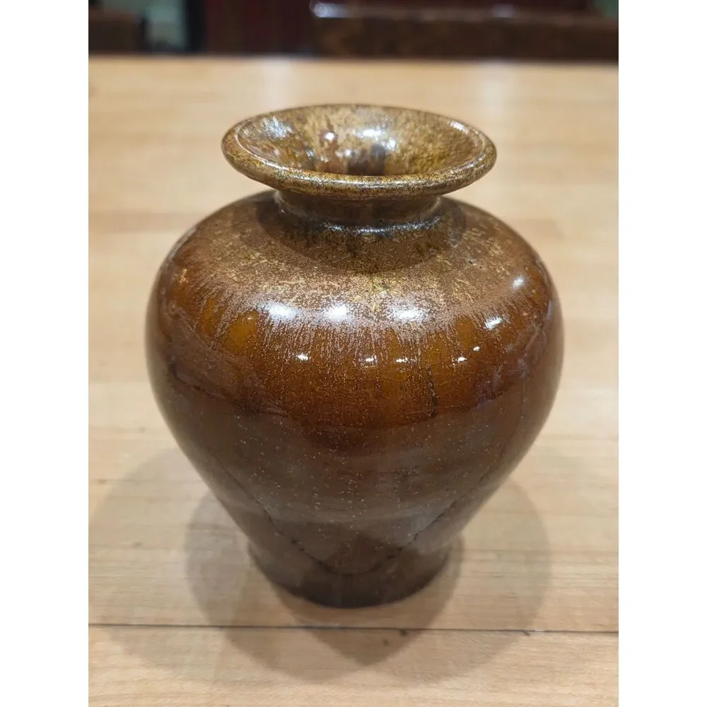 Vintage MCM Crystalline Glaze Bulbous Ceramic Bud Vase Brown Gold 4.75